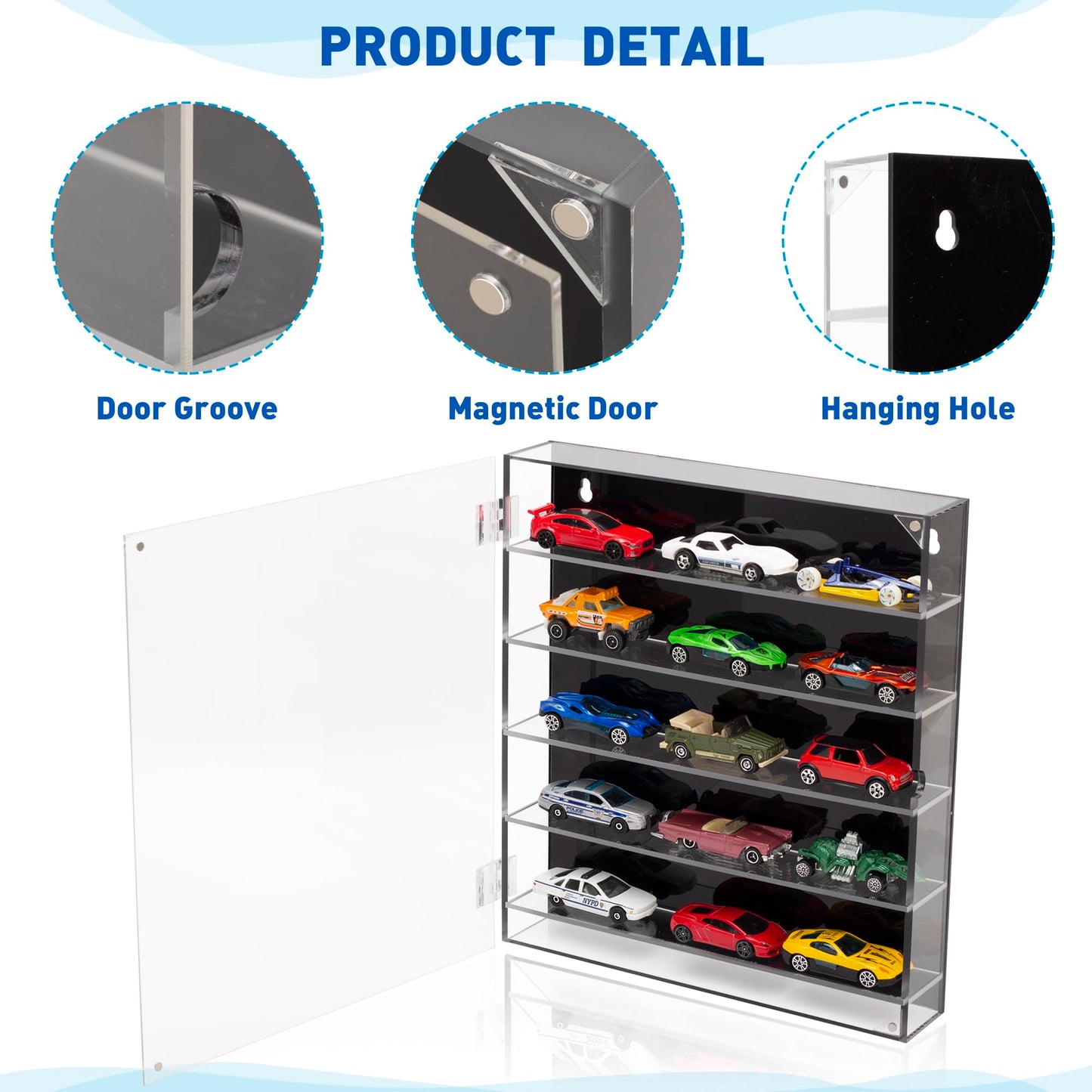 KISLANE 5-Tier Acrylic Toy Car Storage, Toy Cars & Matchbox Cars Display Case, Transparent Toy Car Case Showcase with Magnetic Switch Door (5-Tiers)