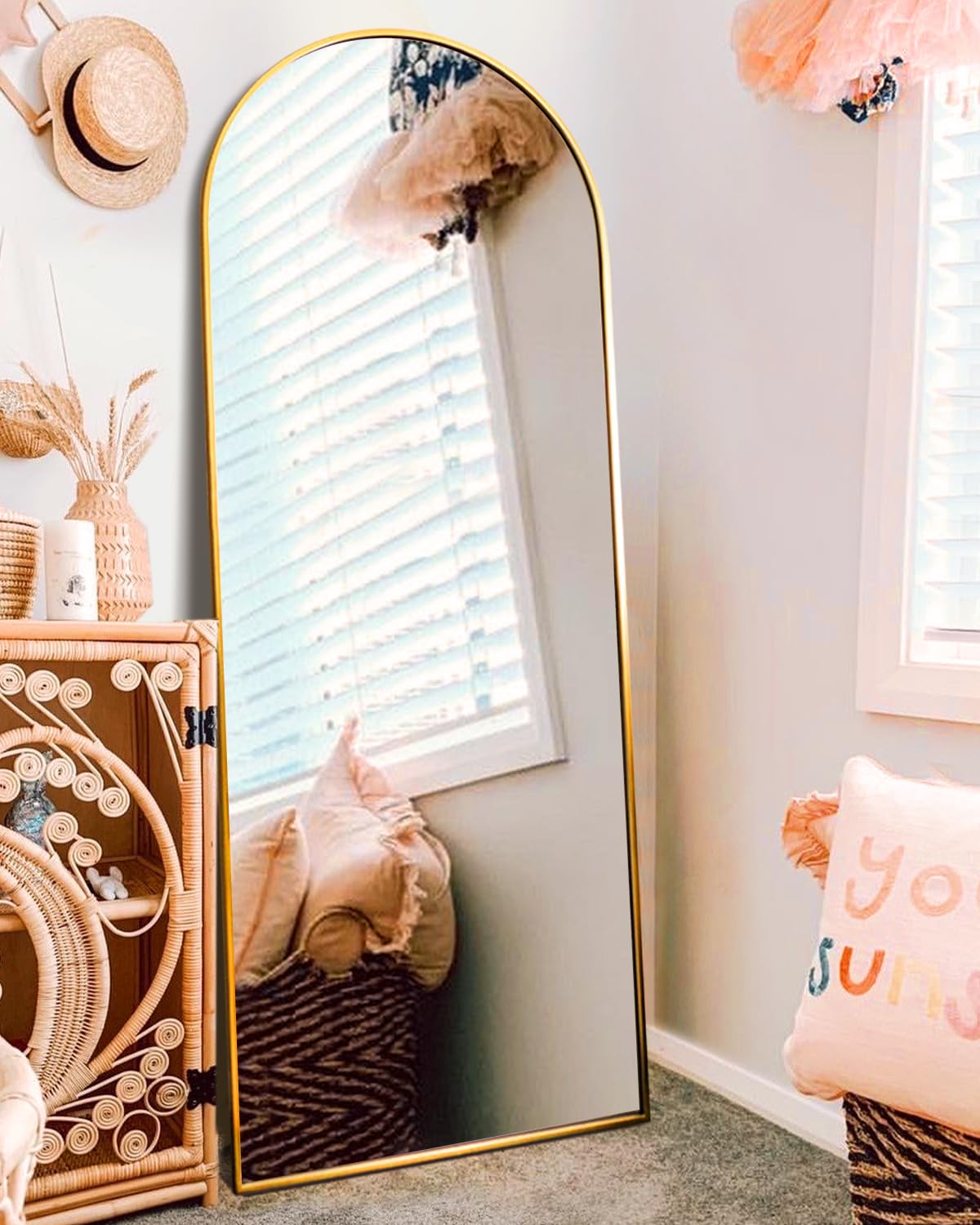 DYNWELL Arched Full Length Mirror, 18x58 in Gold, Wall or Floor Mounted, Bedroom Mirror