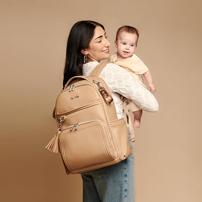 Itzy Ritzy Diaper Bag Backpack – Large Capacity Boss Plus Baby Backpack Diaper Bag Featuring 19 Pockets, Changing Pad, Stroller Clips, and Comfortable Straps (Chai)