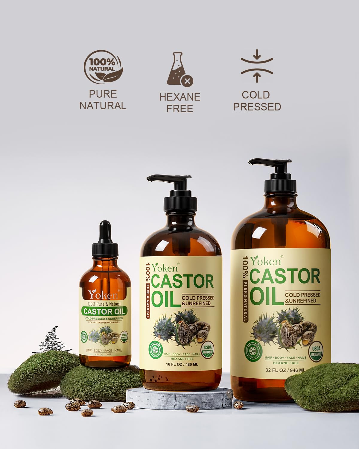 Yoken EWG Organic Castor Oil 32oz with Pump, Cold Pressed Hexane Free