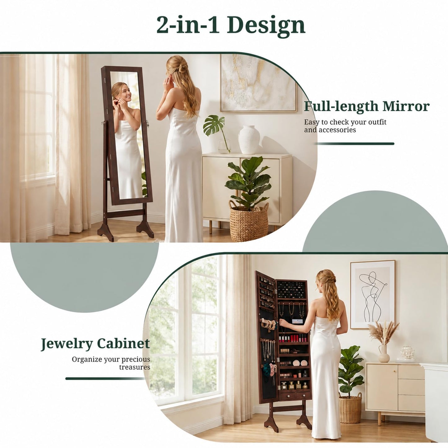 Freestanding Jewelry Armoire Cabinet, 47.3" Full Length Mirror Jewelry Organizer, Lockable Standing Jewelry Storage Cabinet with Velvet Lining, Makeup Organizer with Adjustable Angles (Brown)