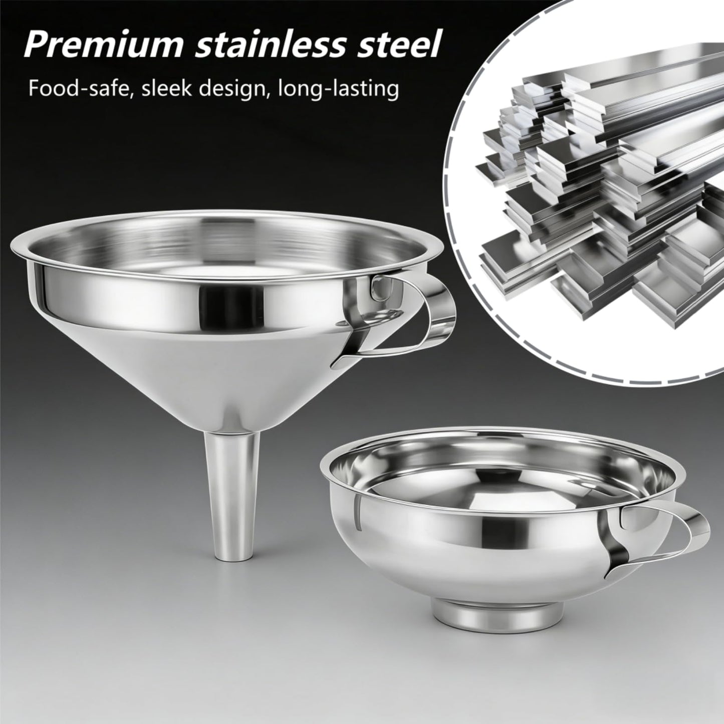 SWJLR Stainless Steel 2 Pack Funnel Set Long Spout Funnel for Narrow Neck Bottles (Oil, Sauce) Wide Mouth Funnel for Mason Jars, Canning with 200μm Fine Mesh Strainer & Removable Filters (Large Set)