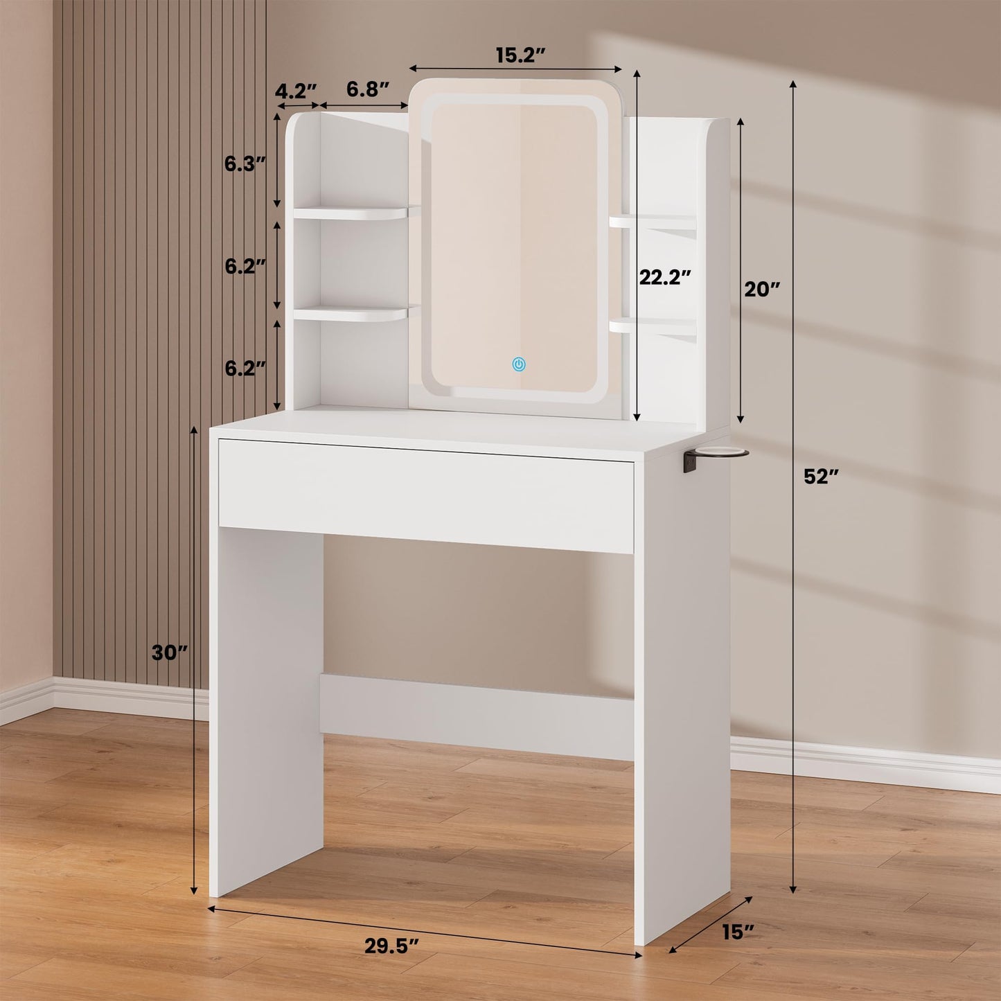 HAIOOU Small Vanity Desk with Mirror and Lights, Makeup Vanity Desk with Storage Drawer, Compact Dressing Table with 3-Tier Open Shelf for Girls Women Bedroom (White)