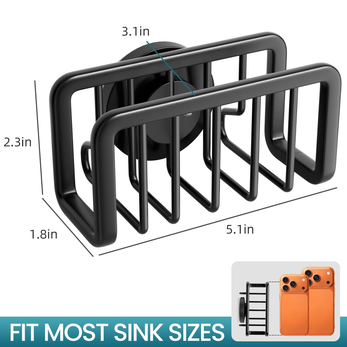TAILI Sponge Holder for Kitchen Sink with Strong Suction Cup, Rustproof Aluminum Sink Caddy, Removable Sponge Holder, Dish Brush for Scraper - Black