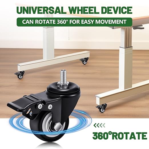 Set of 12 M8 Caster Wheels 2 Inch M8 x 15 mm Swivel Threaded Stem Caster Locking Standing Desk Wheels Heavy Duty 360° Polyurethane with Dual Brake, No Noise, 400 lb for Cart Desk Furniture