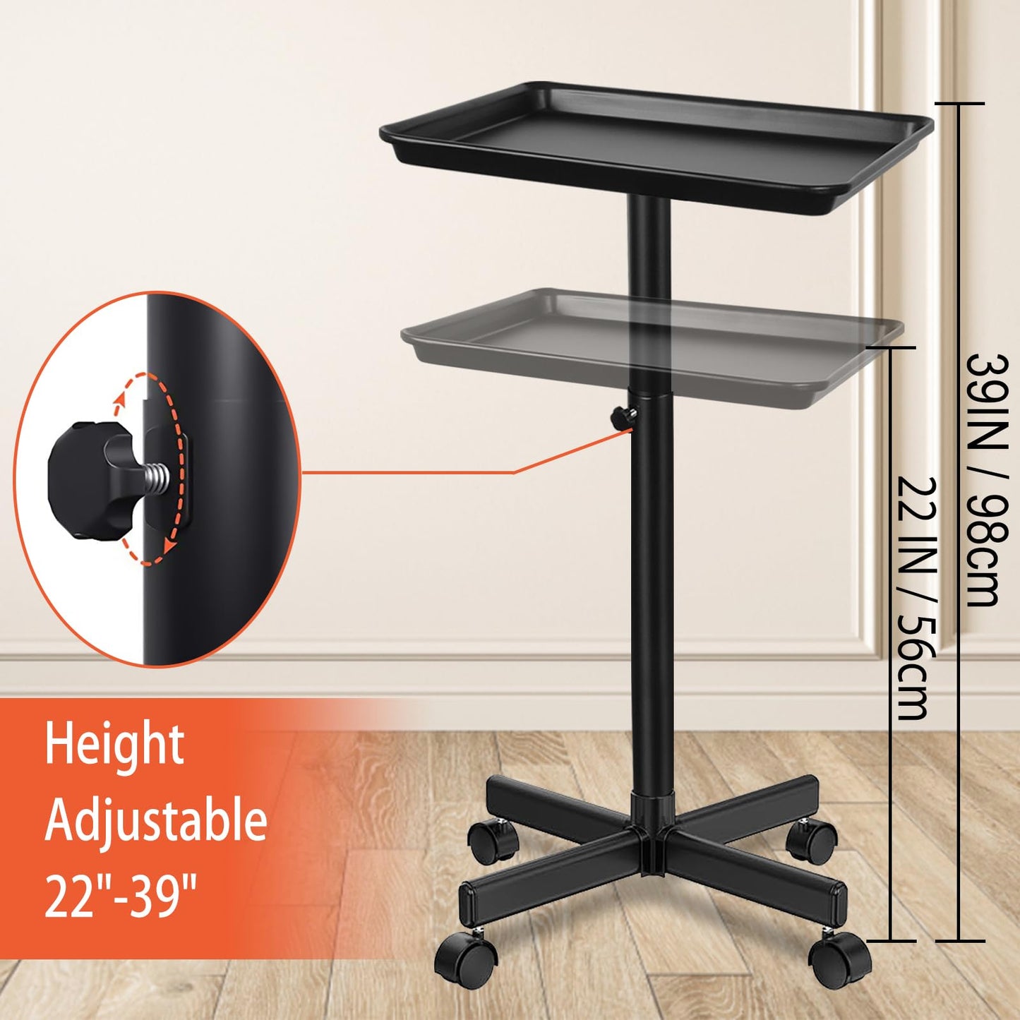 LKT COBTAC Salon Tray on Wheels,Height Adjustable Rolling Beauty Trolley Cart,Professional Salon Equipment for Barbershop/Spa/Home Use Black