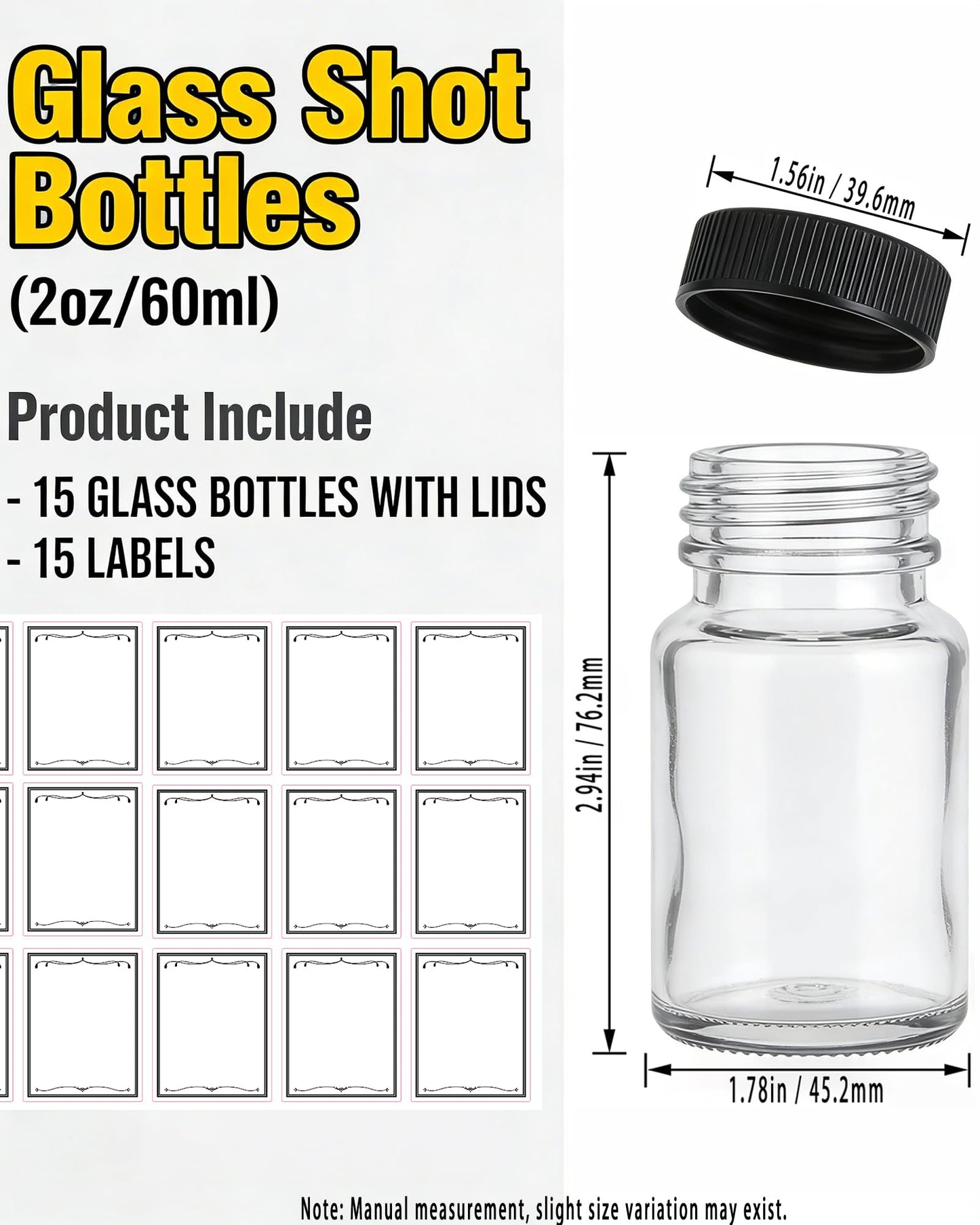 15 Pcs 2 Oz Glass Juice Shot Bottles With Black Caps & 15 Labels, Reusable Small Wellness Ginger Shot Glass Bottles Jar With Lids For Juicing & Ginger Shots, BPA-Free & Leak-Proof & Dishwasher Safe
