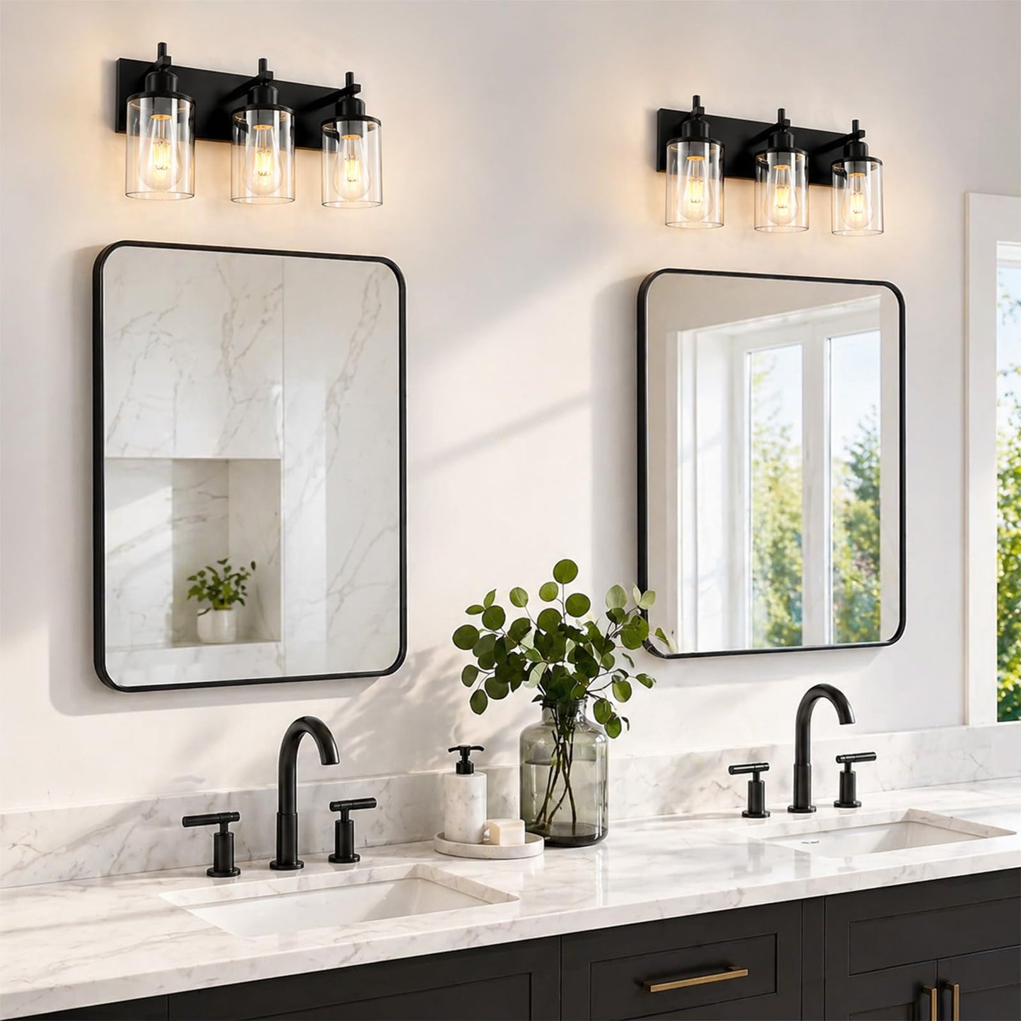 Lanhall 3-Light Black Bathroom Light Fixture Over Mirror Modern Farmhouse Bathroom Vanity Light Vintage Wall Lighting with Clear Glass Shade for Bathroom, Bedroom, Hallway, Cabinet