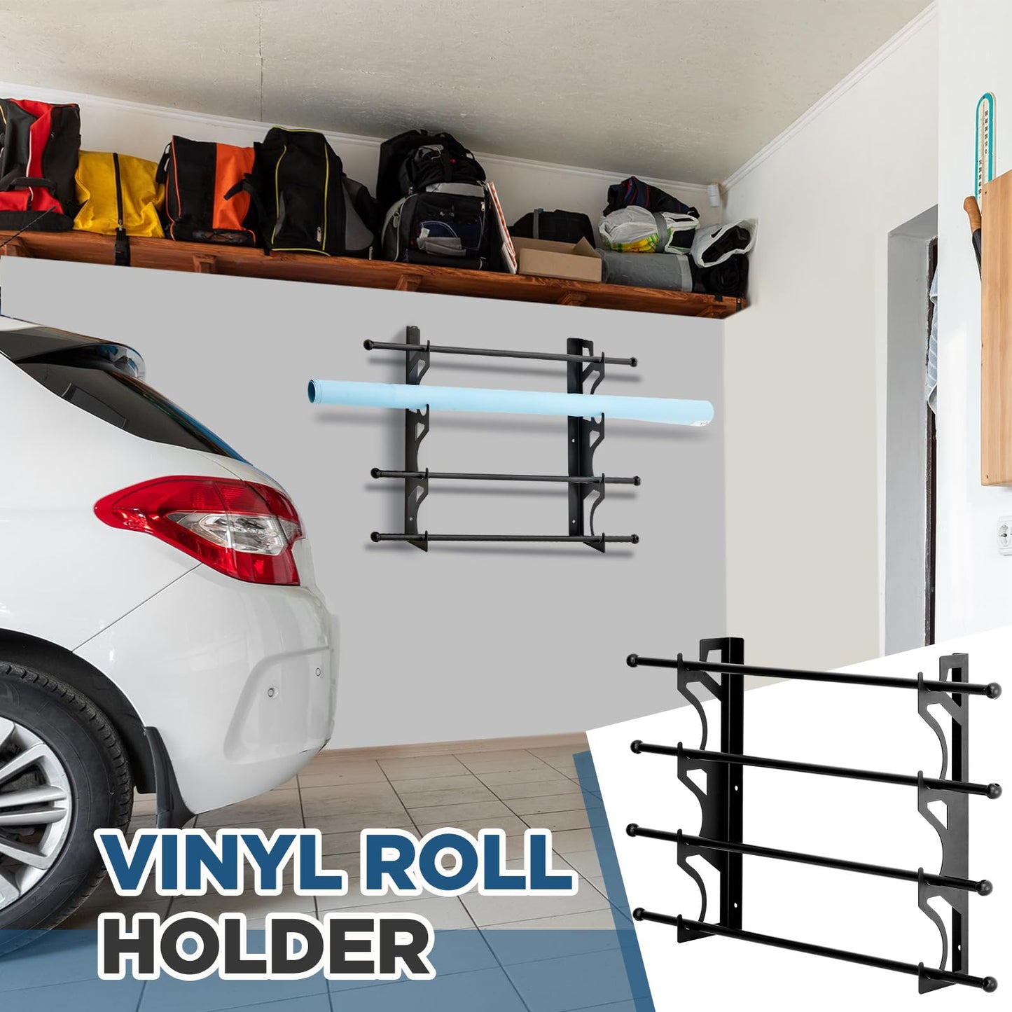 Kritkin 4 Roll Adjustable Storage Rack Vinyl Roll Holder Metal Vinyl Holder Wall Mount for Car Wrap Material Transfer Paper Tape Wallpaper Garage Workshop, Rollers Not Included