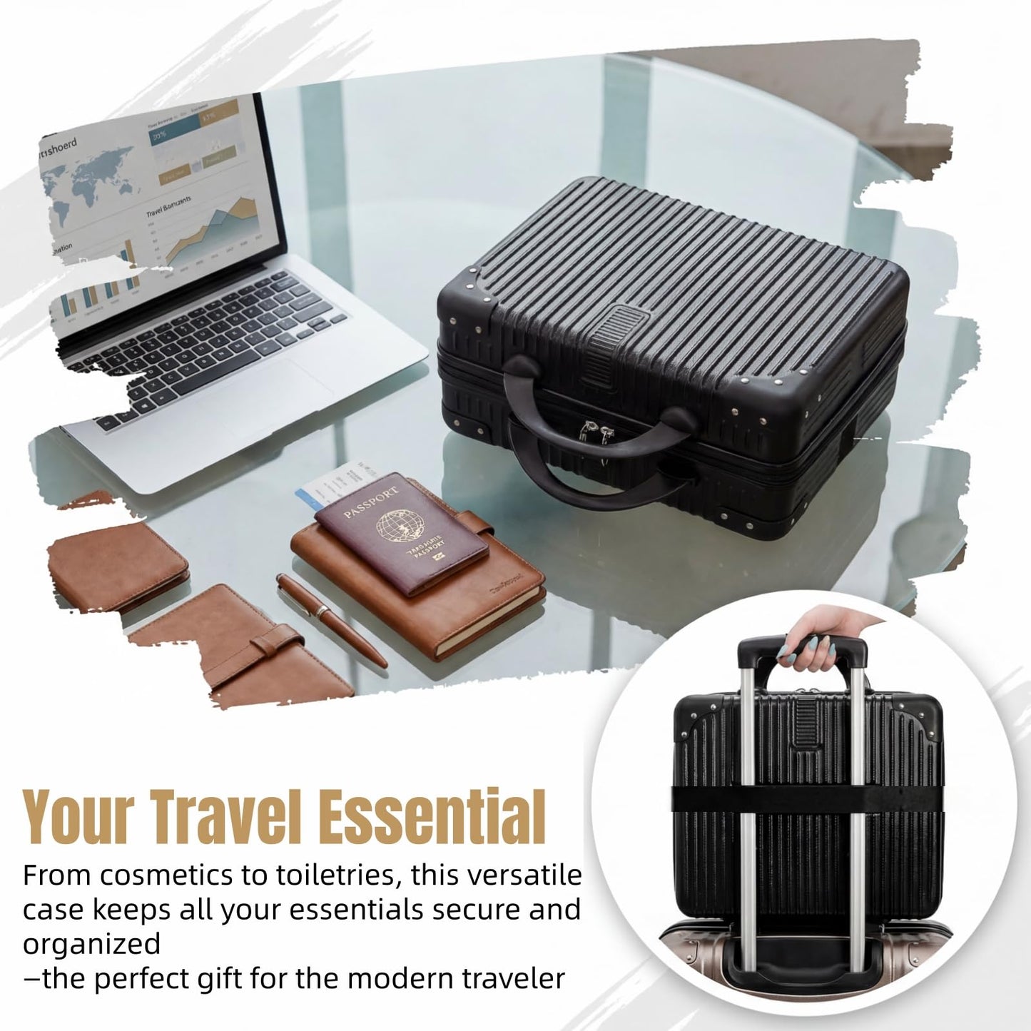 Acshio Hard Shell Cosmetic Travel Case, 17 Inch Small Portable Makeup Train Case with Elastic Band Handle, Pressure-proof ABS Carrying Suitcase Toiletry Box for Travel, Camping, Black