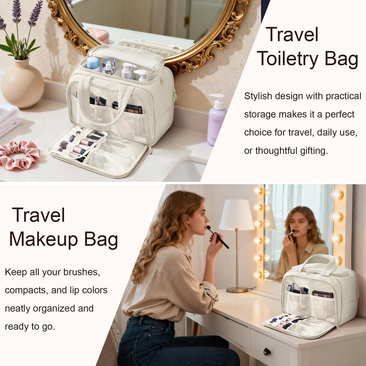 Bagstellar Travel Toiletry Bag for Women, Lightweight Large Quilted Puffy Makeup Bag Wide-open Make up Organizer Cloud Cosmetic Bag w/Handle for Traveling Toiletries, Essentials, Accessories, Beige