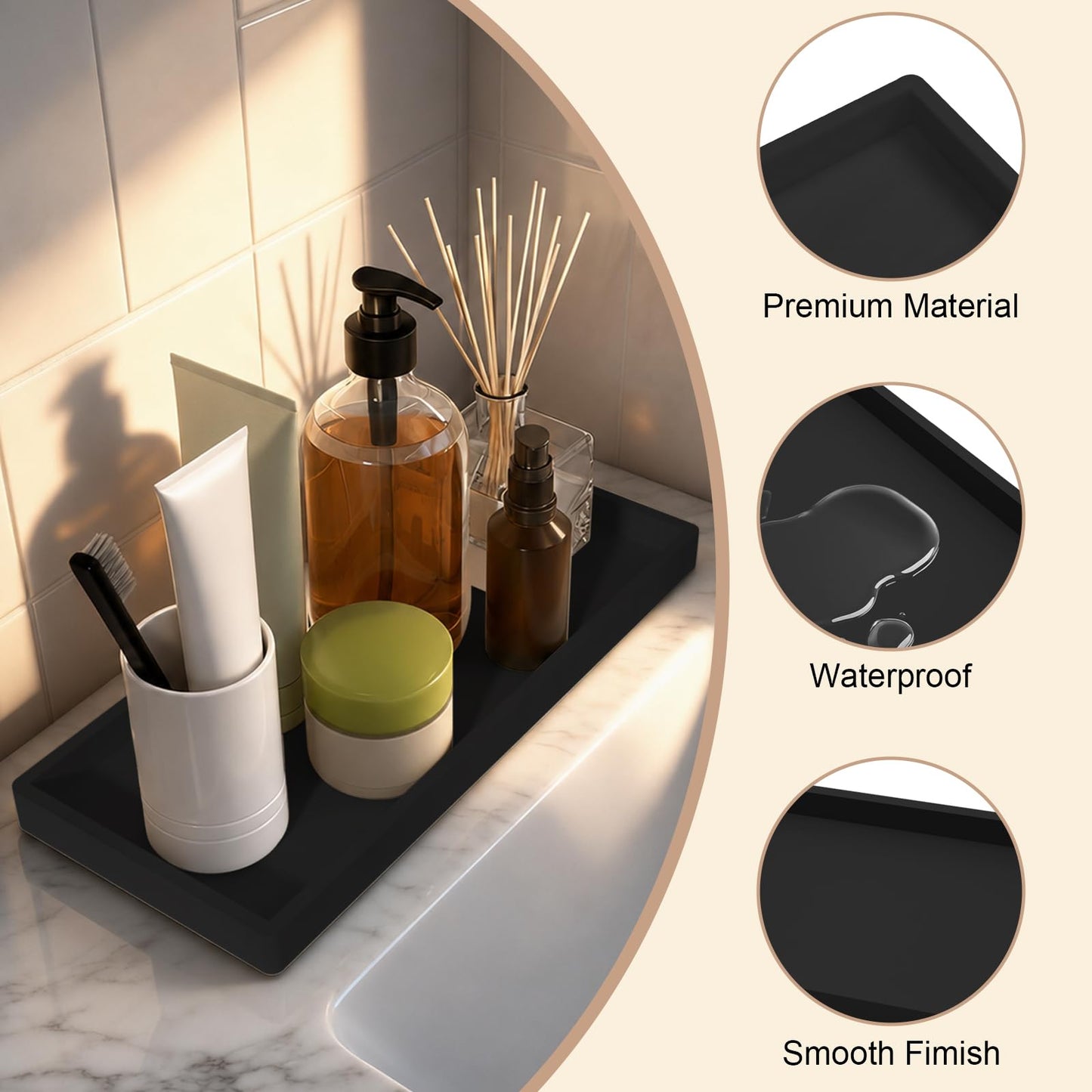 2PCS Bathroom Vanity Tray, 11.8 x 5 Inch Silicone Bathroom Counter Organizer, Decorative Holder for Candle and Perfume Tray, Cosmetics, Jewelry Rings for Kitchen Sink Organizer, Black