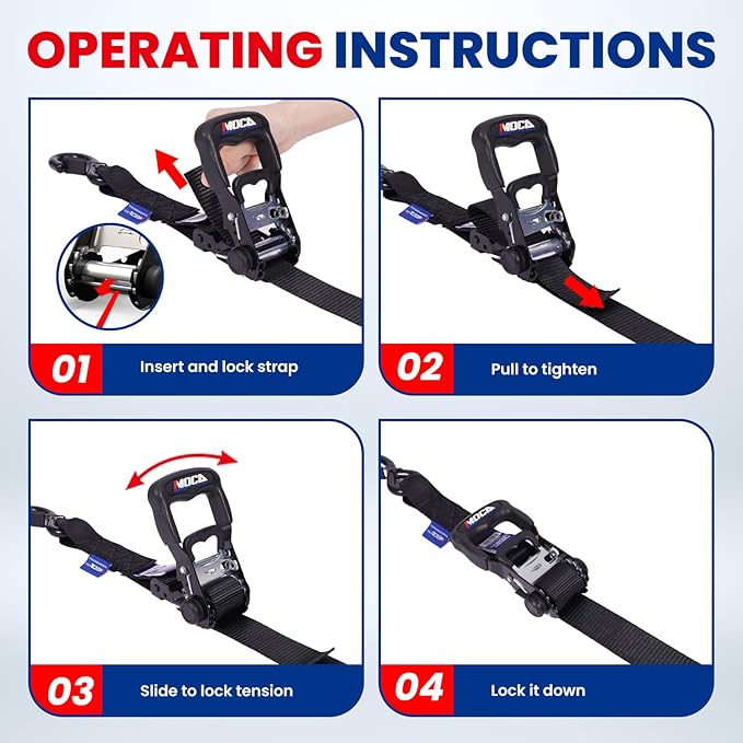 MOCA w/Lock Heavy Duty Ratchet Tie Down Straps, 5200 Lb Breaking Strength, 1.6" x 8 ft Heavy Duty Tie Down Kit with Padded Handles & Coated Chromoly S Hooks & 4 Soft Loops Black