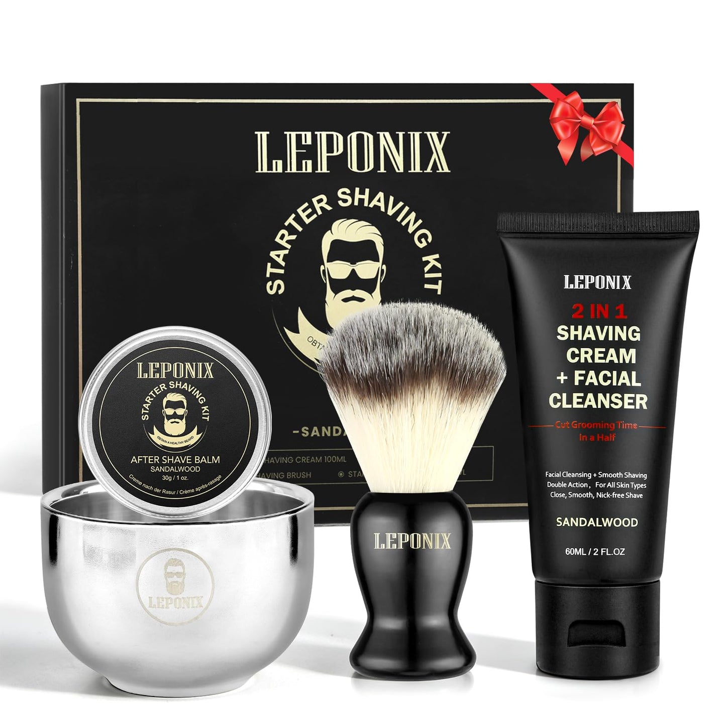 Shaving Kit, TSA Approved Travel Size Grooming Set - 60ml 2-in-1 Facial Cleanser & Shaving Cream, Shaving Brush and Bowl & 30g Solid Aftershave Balm, Gift Set for Men Boyfriend Stocking Stuffers