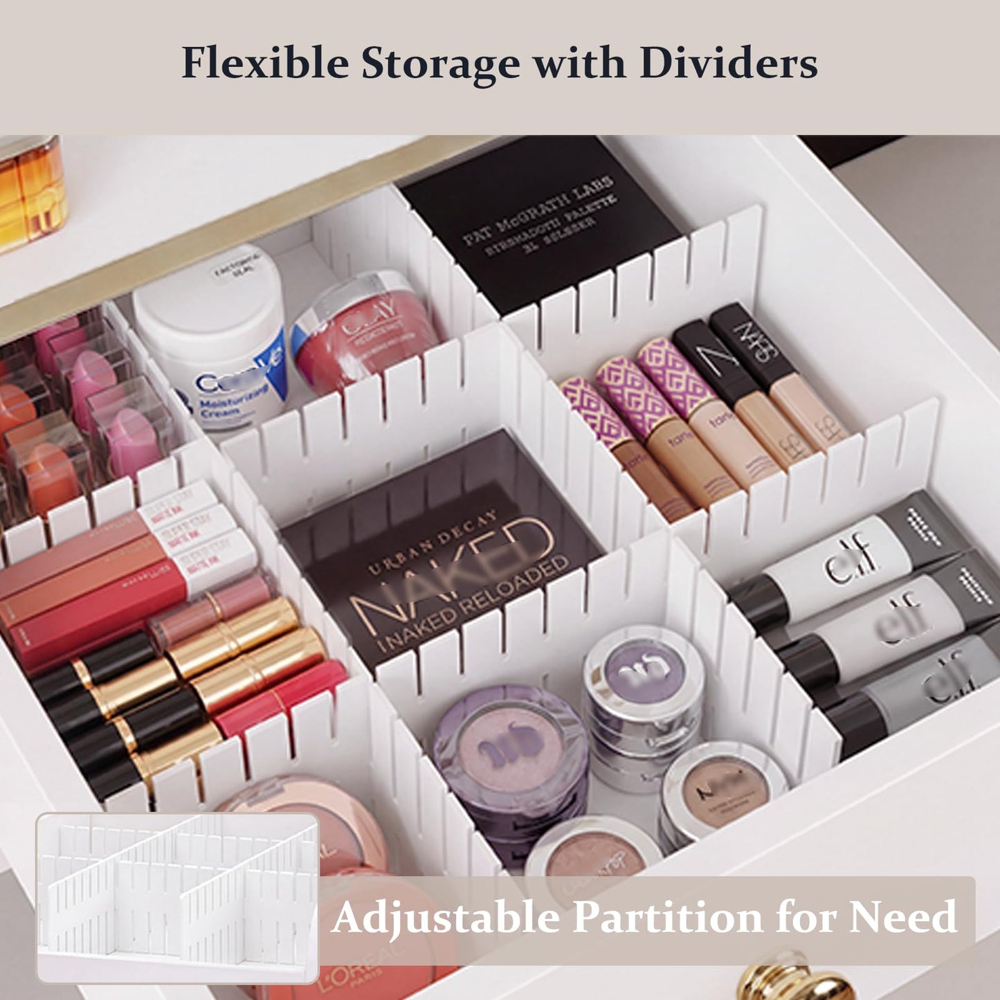 DongRong Makeup Organizer Cart, Rolling Floor Skincare Organizer and Storage with 2 Wooden Drawers, Cosmetics Display Cases Holder for Skin Care Perfume Hair Tools Nail Polish（White & Gold）