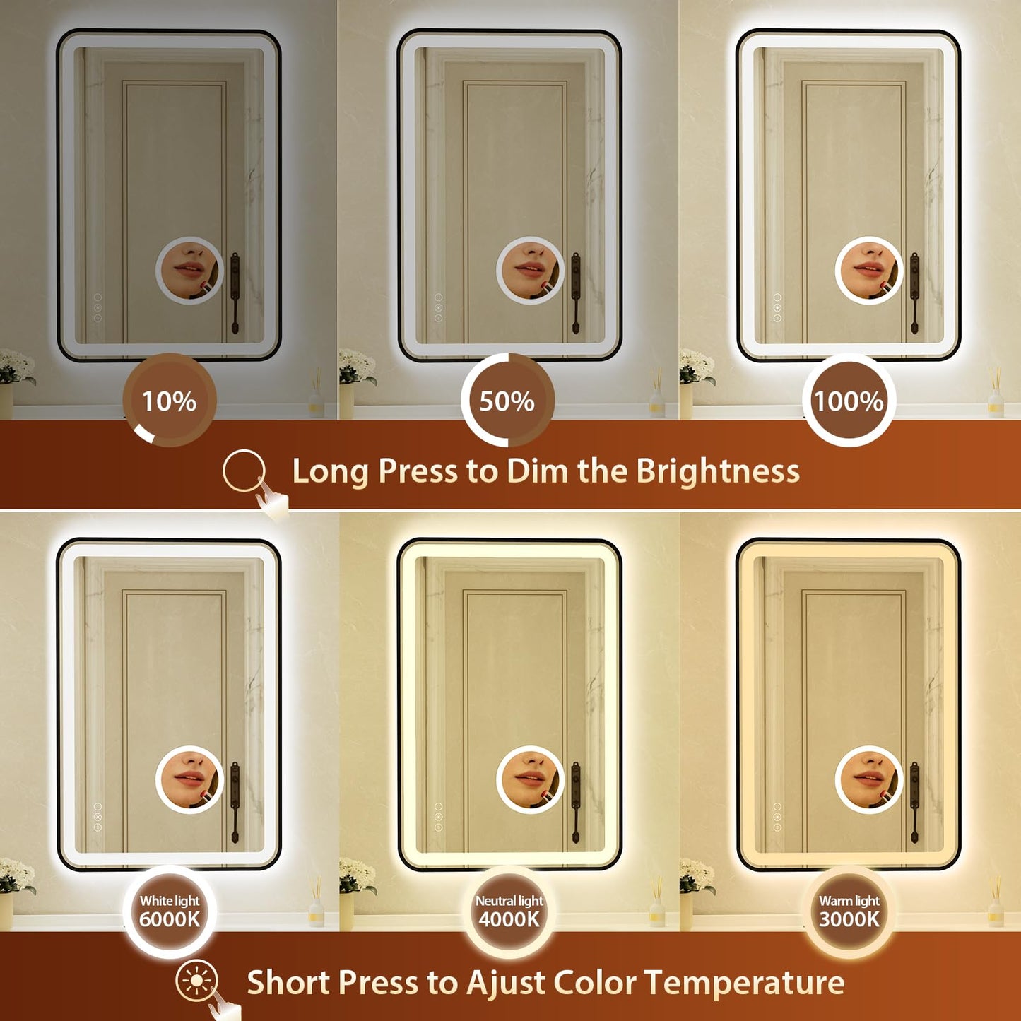 24x36 Inch Black Framed LED Bathroom Mirror with Lights,Magnifying Tempered Glass, Dimmable Lighted Bathroom Vanity Mirror with 3 Colors, Backlit + Frontlit,Anti-Fog