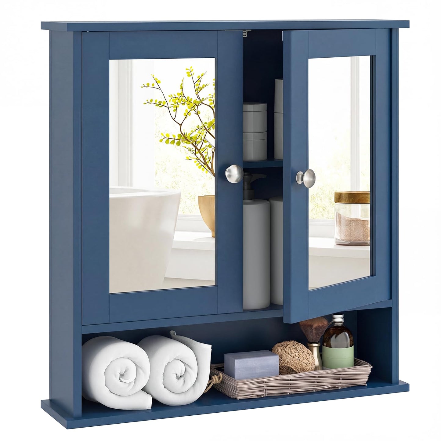 Tangkula Bathroom Medicine Cabinet with Mirror, Wall Mounted Wooden Hanging Organizer with Doors and Shelves, Bathroom Wall Mirror Cabinet (Mirror Doors, Blue)