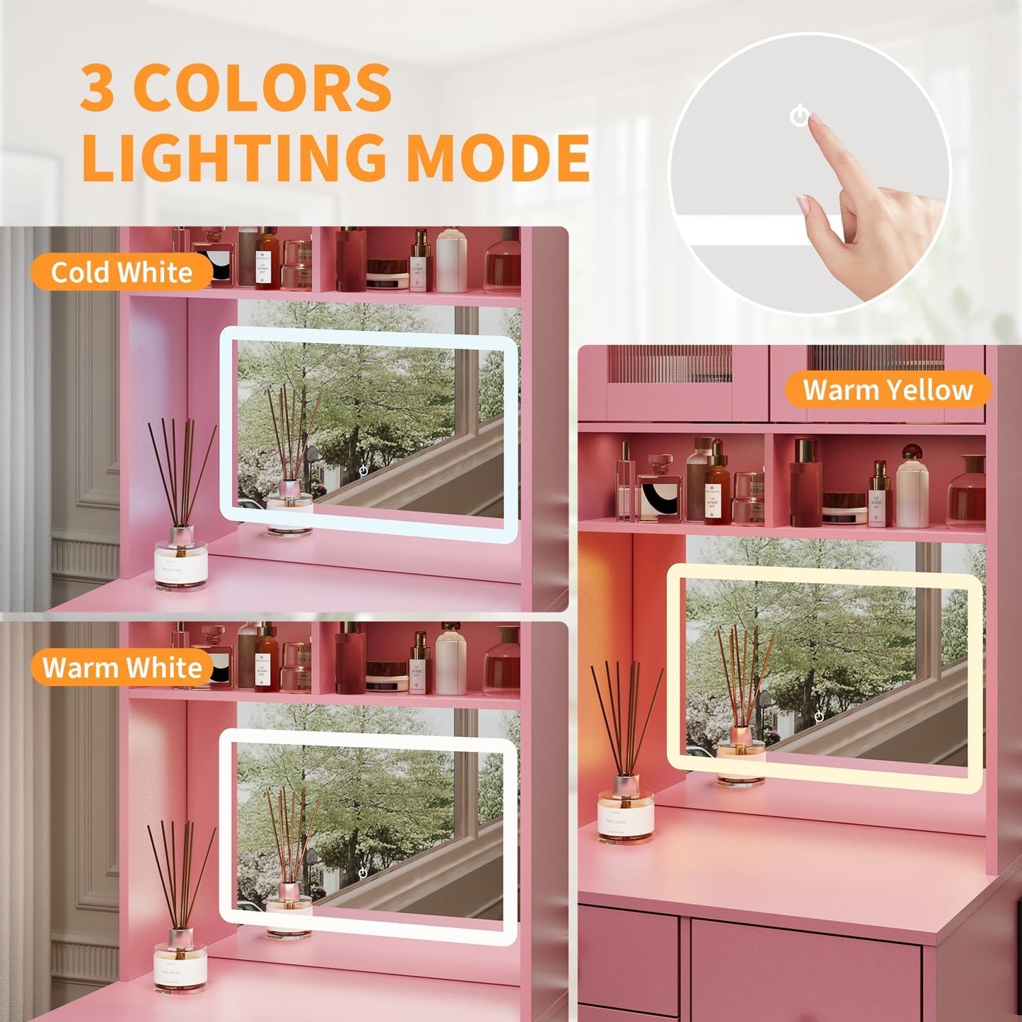 3-in-1 Make Up Vanity Desk with Mirror & Lights, Compact Vanity Table with Drawers, Storage Compartment and Rolling Stool, Modern Small Makeup Vanity and Storage Chair for Bedroom, Powder Room