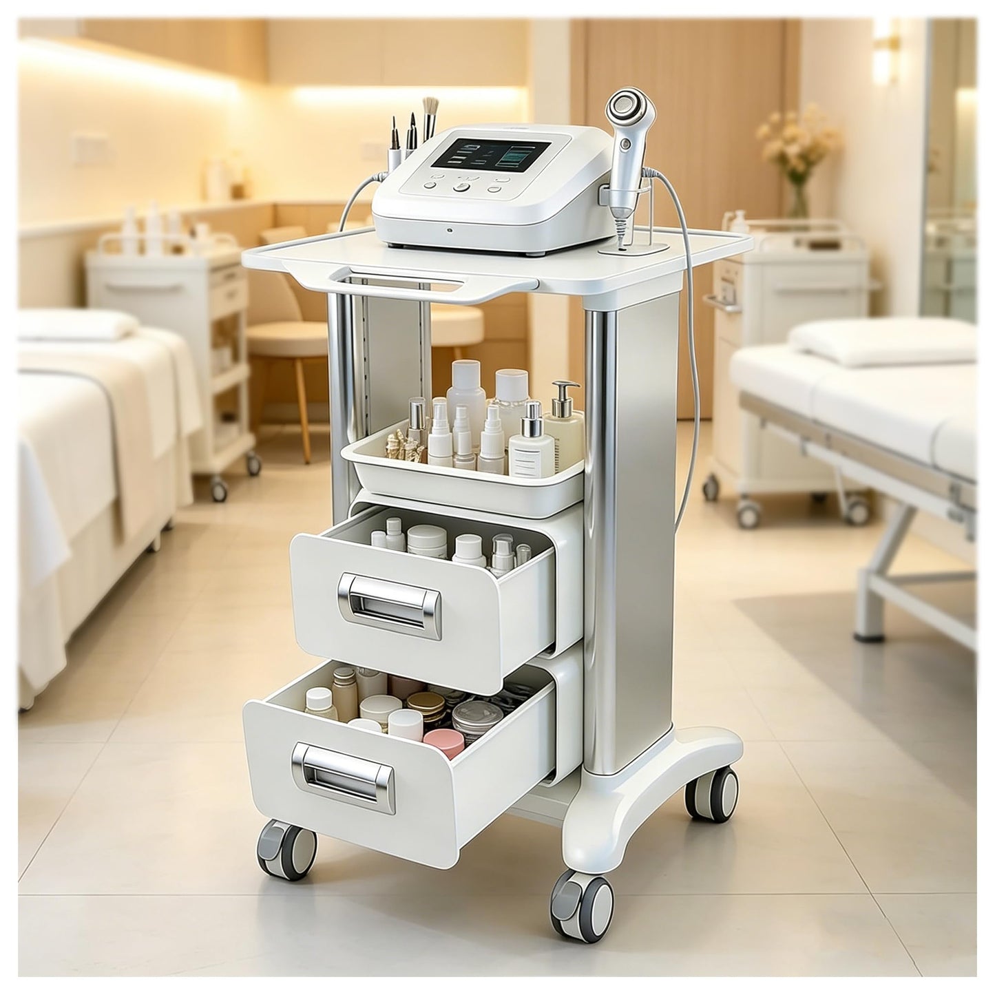 TTYXSUEPT Medical Rolling Trolley with 2 Drawers, Mobile ABS Utility Cart with 4 Silent Swivel Wheels, 225-lb Capacity for Hospitals, Clinics, Beauty Salons, and Labs (Silver, Double Drawer)