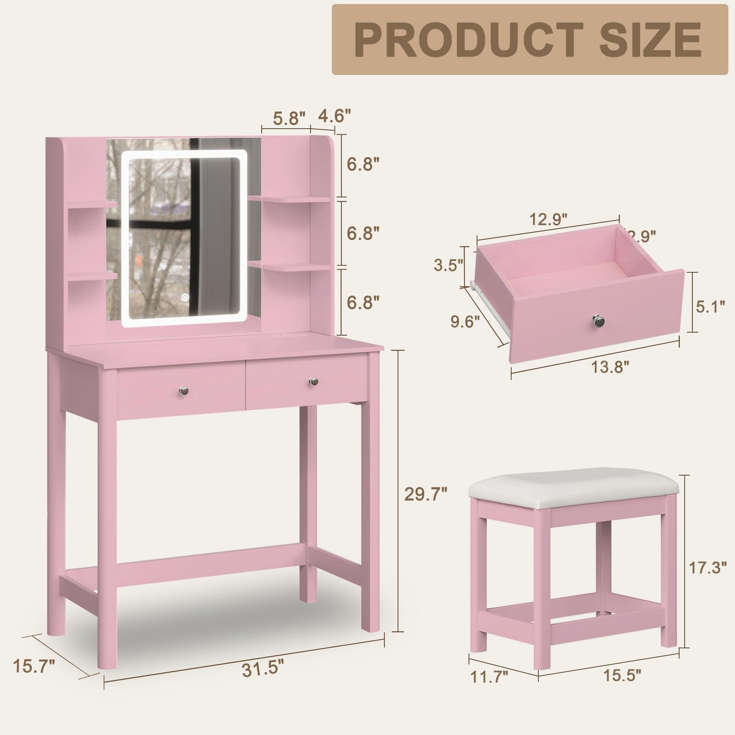 ProsperHaven Vanity Desk with Mirror and LED Lights, Small Makeup Vanity Table Set with Drawers and Chair, Dressing Table with Power Outlet for Girls Bedroom, Pink