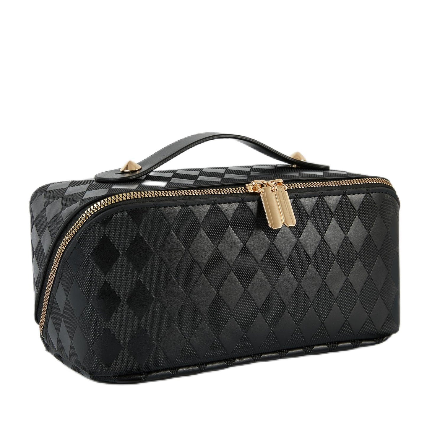 IDELCHOIS Travel Makeup Bag Large Capacity Cosmetic Bags for Women, Waterproof Toiletry Bag Open Flat Makeup Bag with Compartments and Handle, Portable Cosmetic Organizer Pouch, Diamond Black