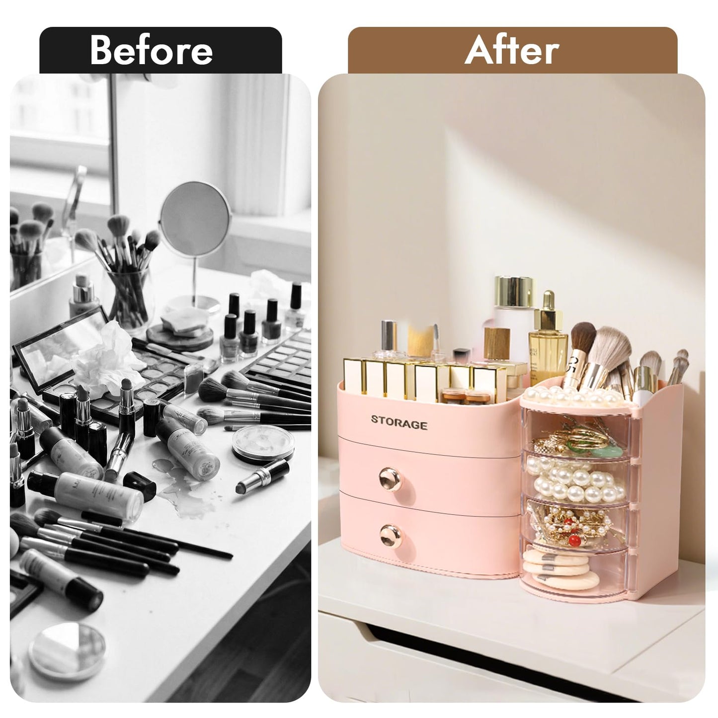 XIAPIA Makeup Organizer Countertop, Make Up Organizer for Vanity, Skincare & Cosmetic Organizers with Drawers, Bathroom Organizers Storage for Brush Holder|Lipstick|Jewelry, Ideal Gift for Women PINK