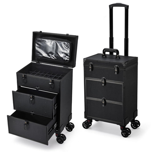 Professional 3 in 1 Rolling Makeup Case Cosmetology Case on Wheels 2 Large Drawer Nail Case Trolley Traveling Cosmetic Train Case with Makeup Pouch for Artists Nail Technician Salon Cart Trunk Black