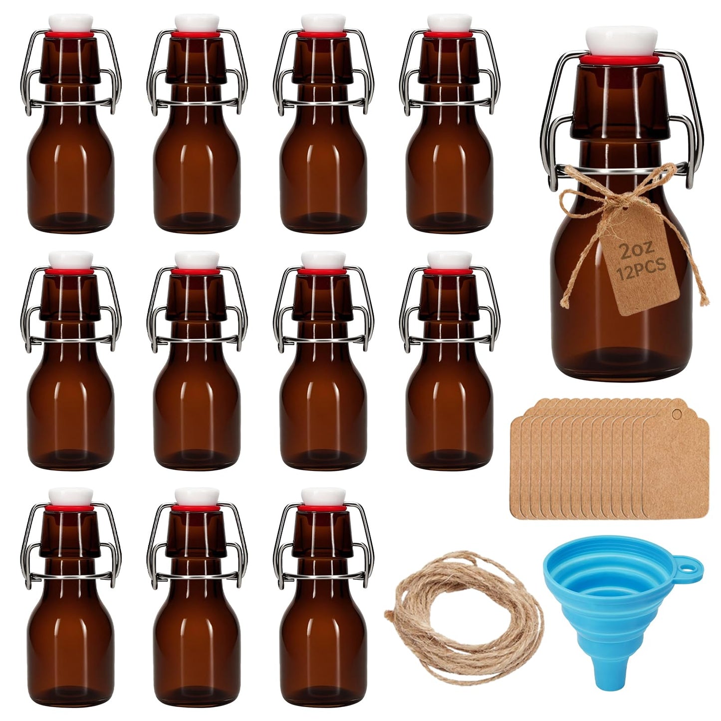 eispap 12Pcs 2 oz Amber Mini Swing Top Glass Bottles with Stoppers Small Flip Top Bottles with Airtight Lids for Crafts Decoration Wedding Themed Party Favors (12)