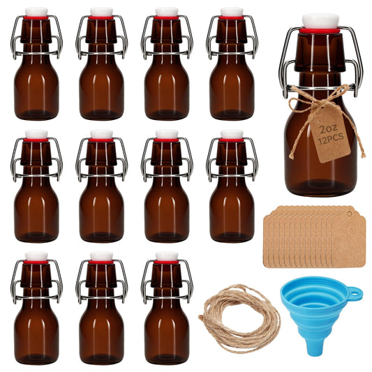 eispap 12Pcs 2 oz Amber Mini Swing Top Glass Bottles with Stoppers Small Flip Top Bottles with Airtight Lids for Crafts Decoration Wedding Themed Party Favors (12)