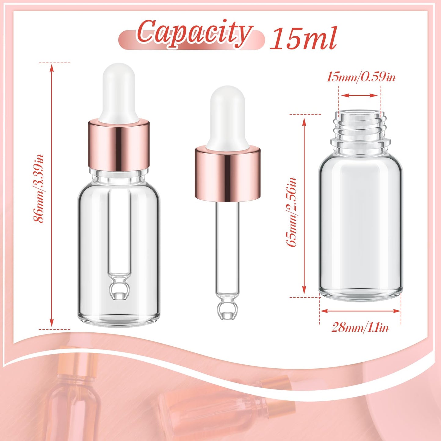 Didaey 200 Pcs 15 ml Mini Glass Oil Dropper Bottle Bulk, Clear Essential Small Empty Bottles Sample Containers Perfume Liquid Vials with Cap for Traveling (Rose Gold)