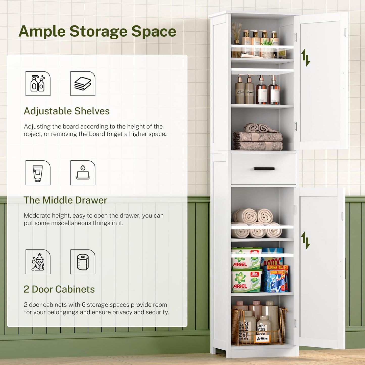 WEENFON Tall Bathroom Cabinet, Storage Cabinet with 6 Shelves & Drawer, Bathroom Storage Cabinet with Adjustable Shelves, Tall Cabinet for Living Room, Home Office, White