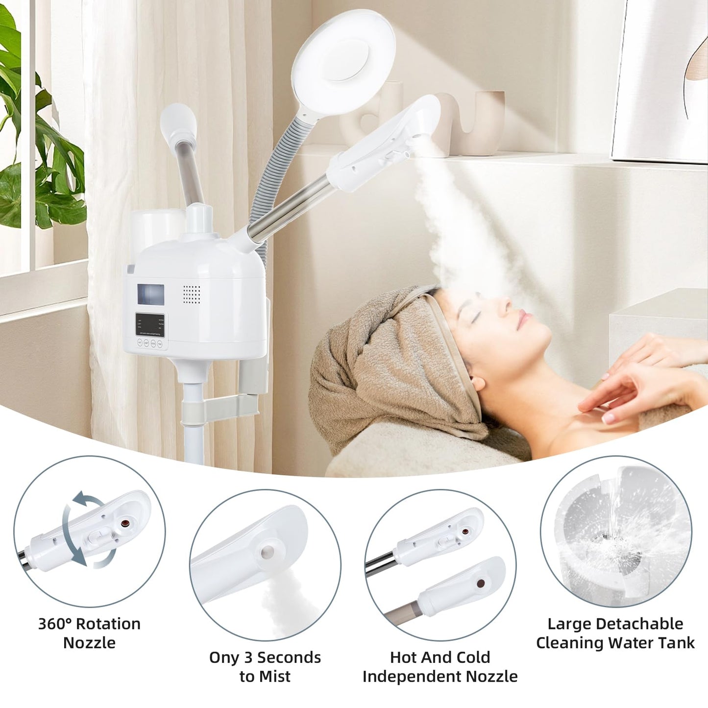 VARIPOWDER 3 in 1 Professional Facial Steamer for Face with Hot & Cold Nozzle 5X Magnifying Lamp Face Steamer for Esthetician vaporizador Facial Use at Home or Spa