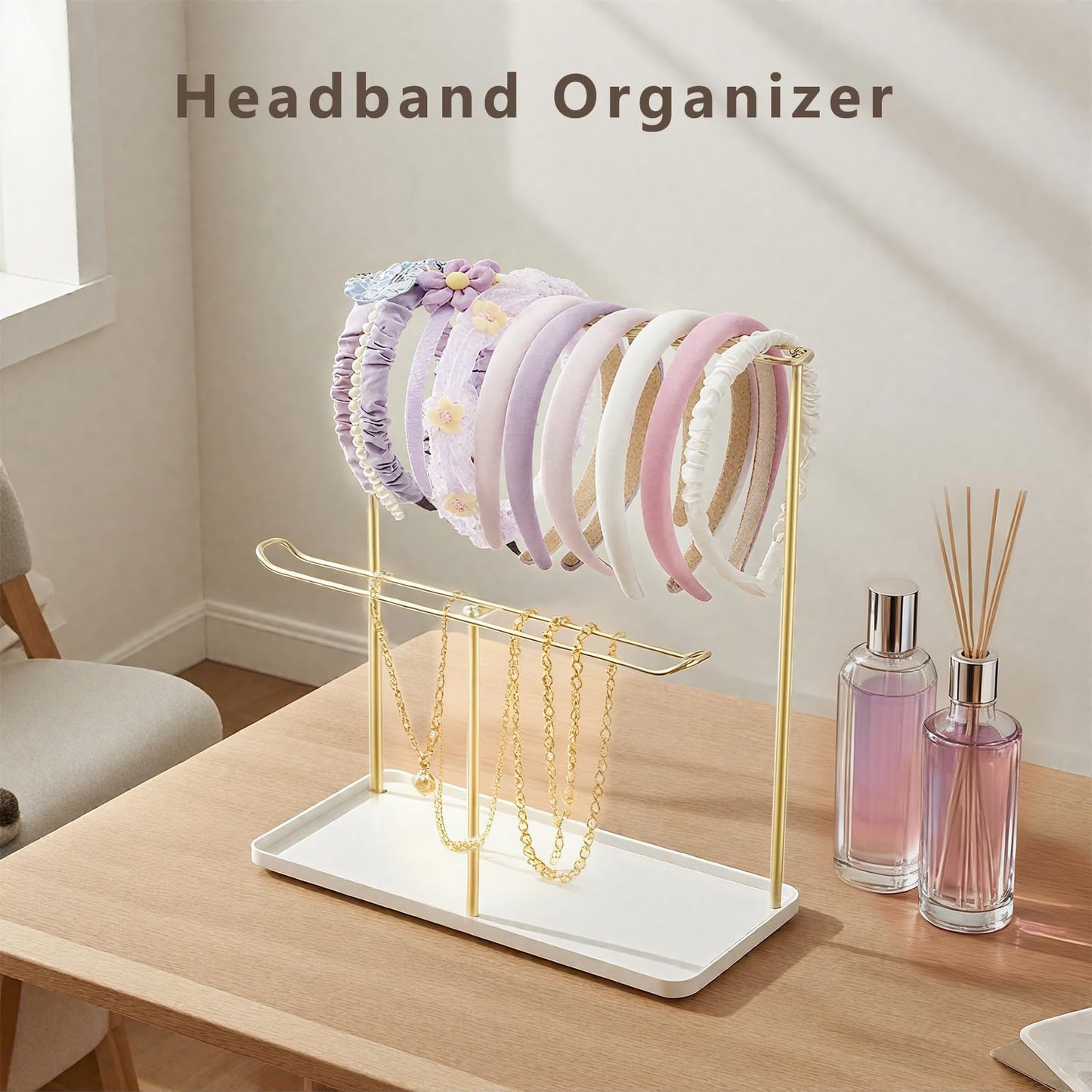 Essovee Headband Holder Organizer Metal 2-Tier with Tray, Necklace Storage Hairband Rack Hair Accessories Display Stand Stand Home Bedroom College Dorm Decor for Girls Women (Gold)