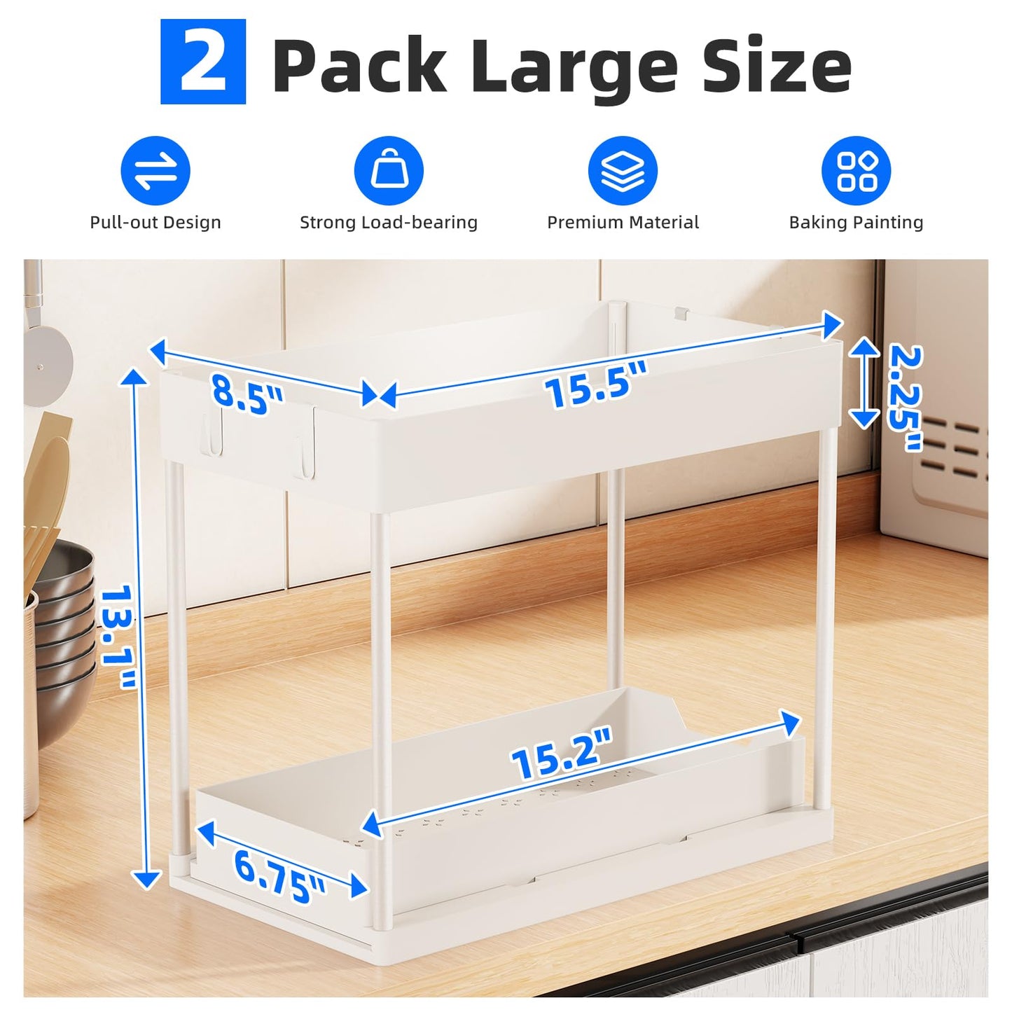 Simple Trending Under Sink Organizer 2 Pack, Sink Pull-Out Sliding Storage Cabinet, 2-Tier Under Shelf Organizer for Kitchen Bathroom, White