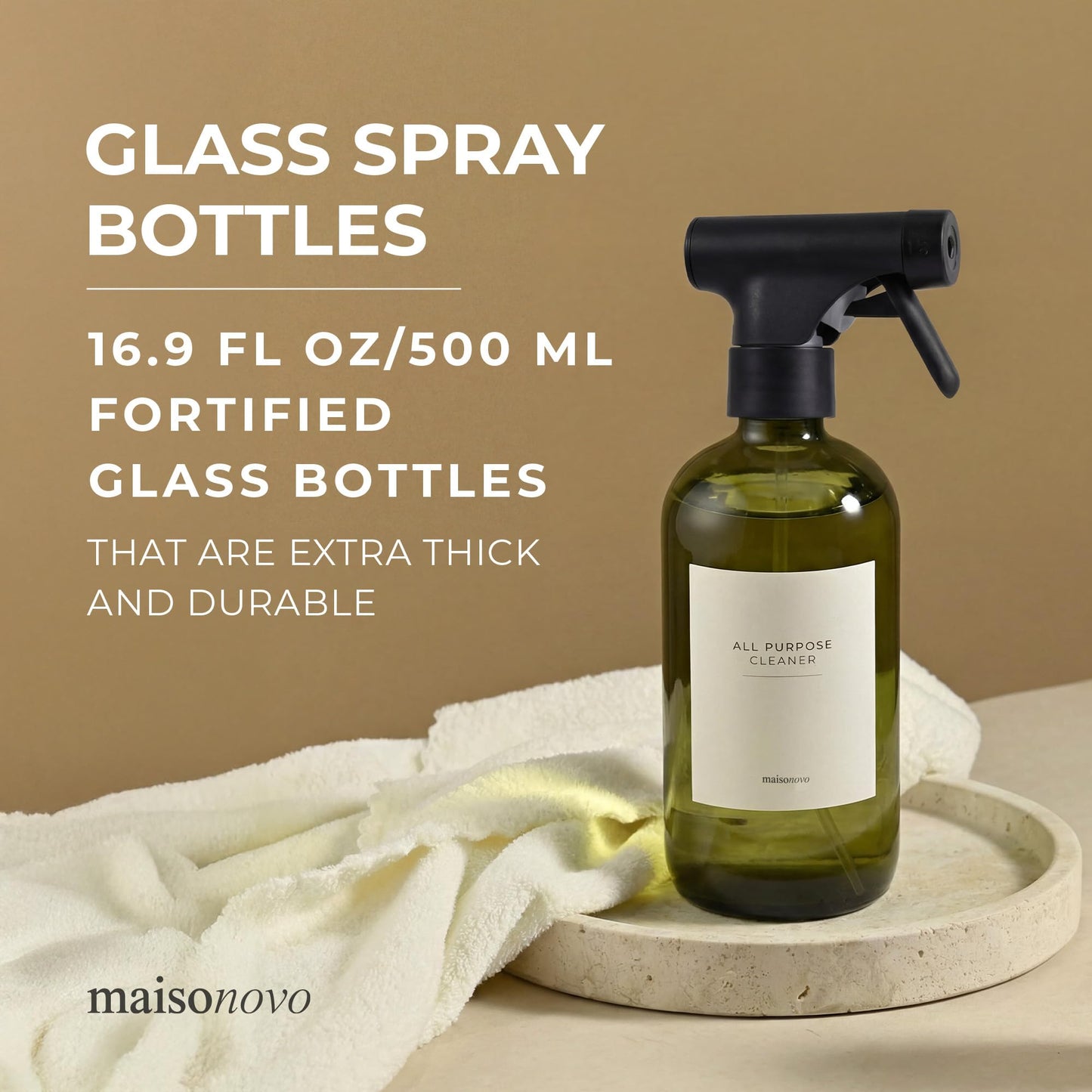 MAISONOVO Dark Green Glass Spray Bottle 16 oz Pack of 2 - Dark Green Spray Bottle for Plants with Fortified Glass & Fine Mist - Ideal for Gardening, Misting, Seedlings & Indoor Plant Care - 16 Labels