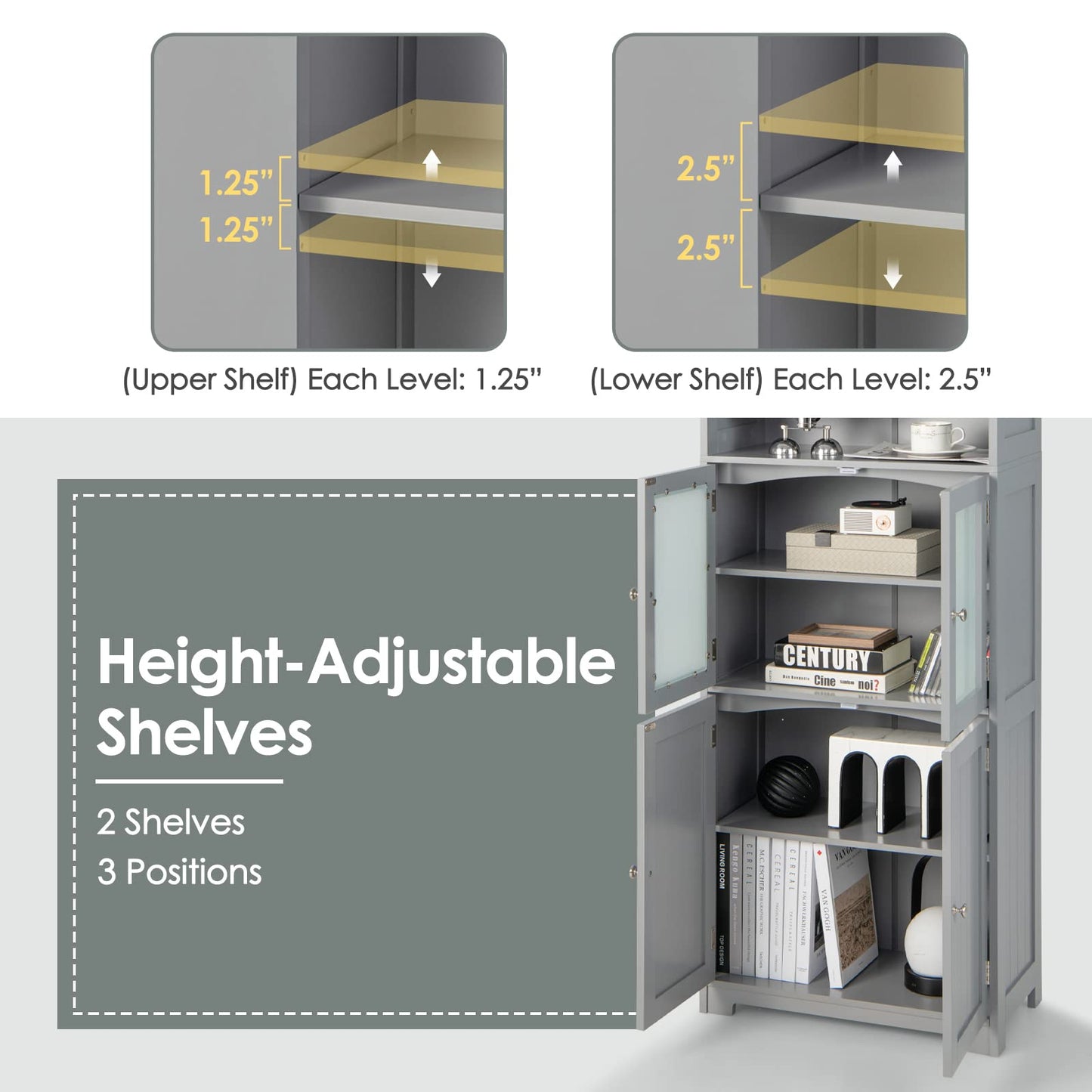 Tangkula Tall Bathroom Storage Cabinet, Freestanding Floor Cabinet w/2 Glass Doors & 2 Open Shelves, 3-Position Adjustable Shelves, Anti-toppling Design, 64” Tall Pantry Cupboard for Kitchen