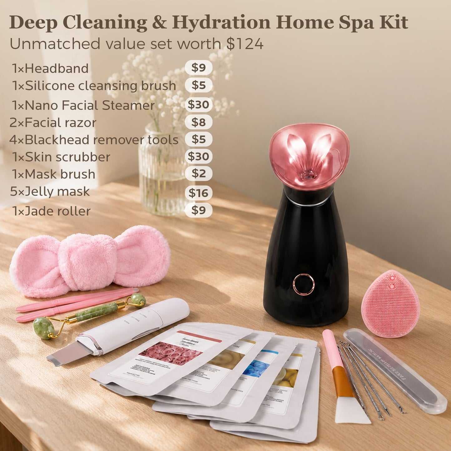 Facial Steamer Deep Cleaning Kit: Nano Ionic Face Steamer with 17 Skin Care Tools, Home Spa Skincare Set for Clean Refresh Repair, Unclogging Pores, Self Care Gifts for Women, Black Rose Gold