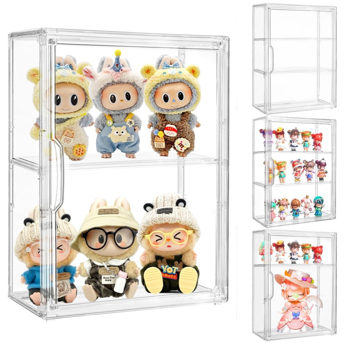 Attelite Acrylic Display Cases for Collectibles, 4 Pack 3 Layer Clear Display Case with Magnetic Door,Dustproof Clear Showcase with 2 Adjustable Divider Storage Box for Action Figure