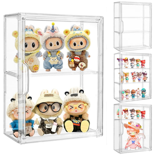 Attelite Acrylic Display Cases for Collectibles, 4 Pack 3 Layer Clear Display Case with Magnetic Door,Dustproof Clear Showcase with 2 Adjustable Divider Storage Box for Action Figure