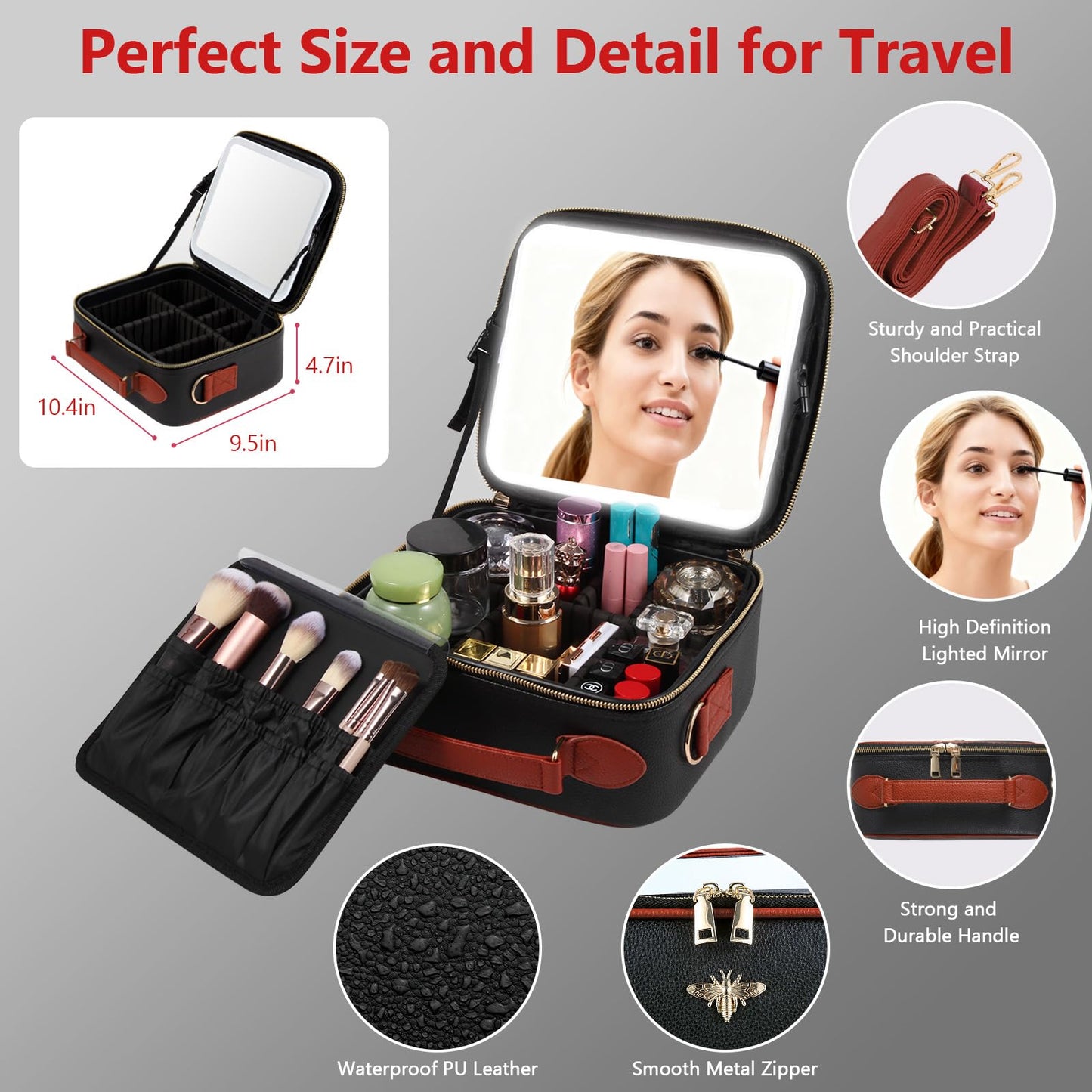 GIUWESOY Travel Makeup Bag with Light Up Mirror, Portable Makeup Bag with Led Light Women Waterproof Makeup Travel Case adjustable dividers Rechargeable Vanity Mirror with 3 Color Lights (Black)