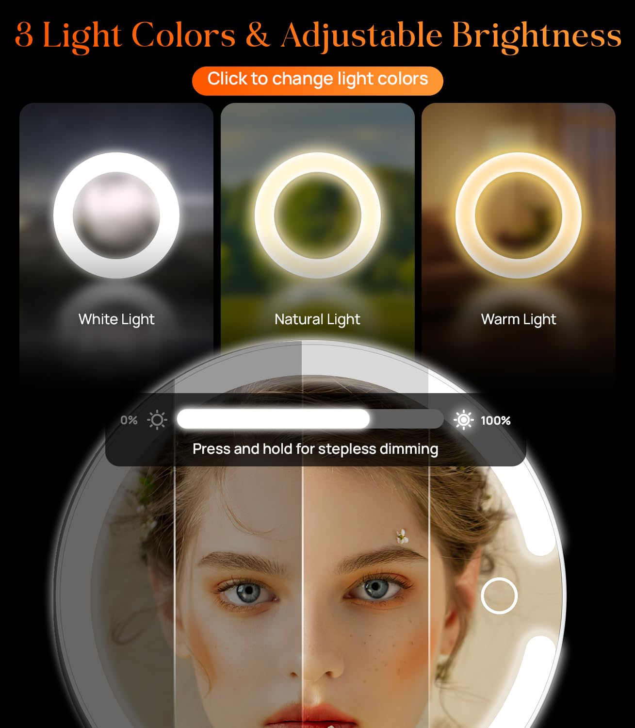 Gospire Magnifying Travel Makeup Mirror with Light 10X 1X Magnifition 2-Sided Lighted Vanity Mirror Rechargeable 3 in 1 Hand Held Desk Hanging, 3 Color Dimmable Lights, White