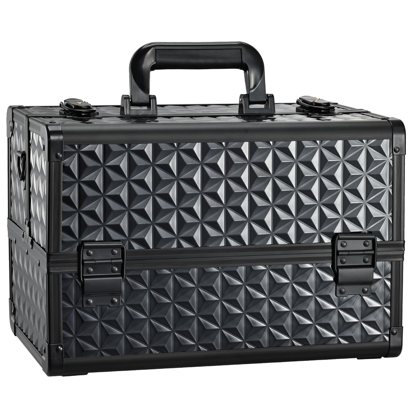 Joligrace Makeup Train Case Professional Cosmetic Organizer Aluminum Storage Box with 4 Adjustable Dividers Trays Lockable Portable with Shoulder Strap - Black