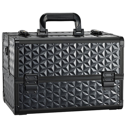 Joligrace Makeup Train Case Professional Cosmetic Organizer Aluminum Storage Box with 4 Adjustable Dividers Trays Lockable Portable with Shoulder Strap - Black