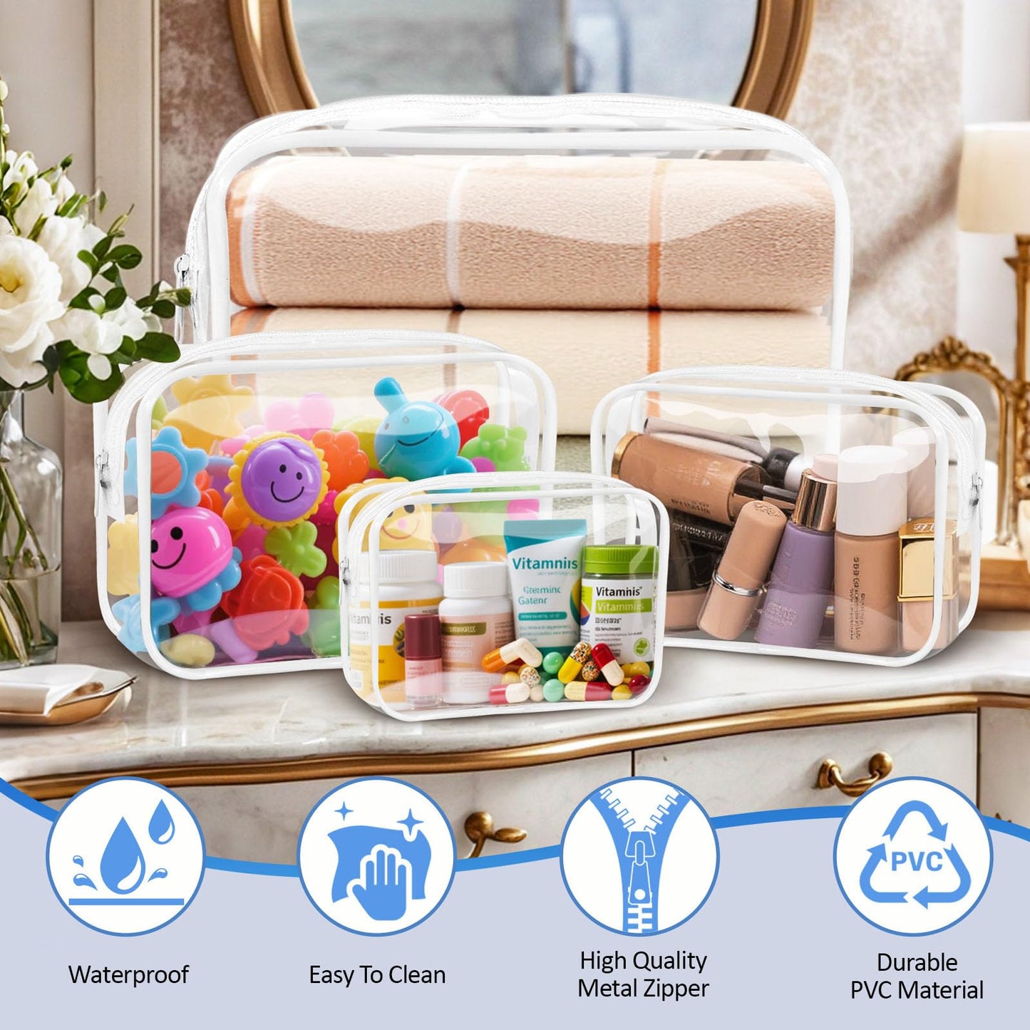 CHICAUP Clear Makeup Bags Plastic Cosmetic Bag TAS Toiletry Bag for Travelling PVC Clear Pouch Organizer Bag for Women (4, white, Multisize)