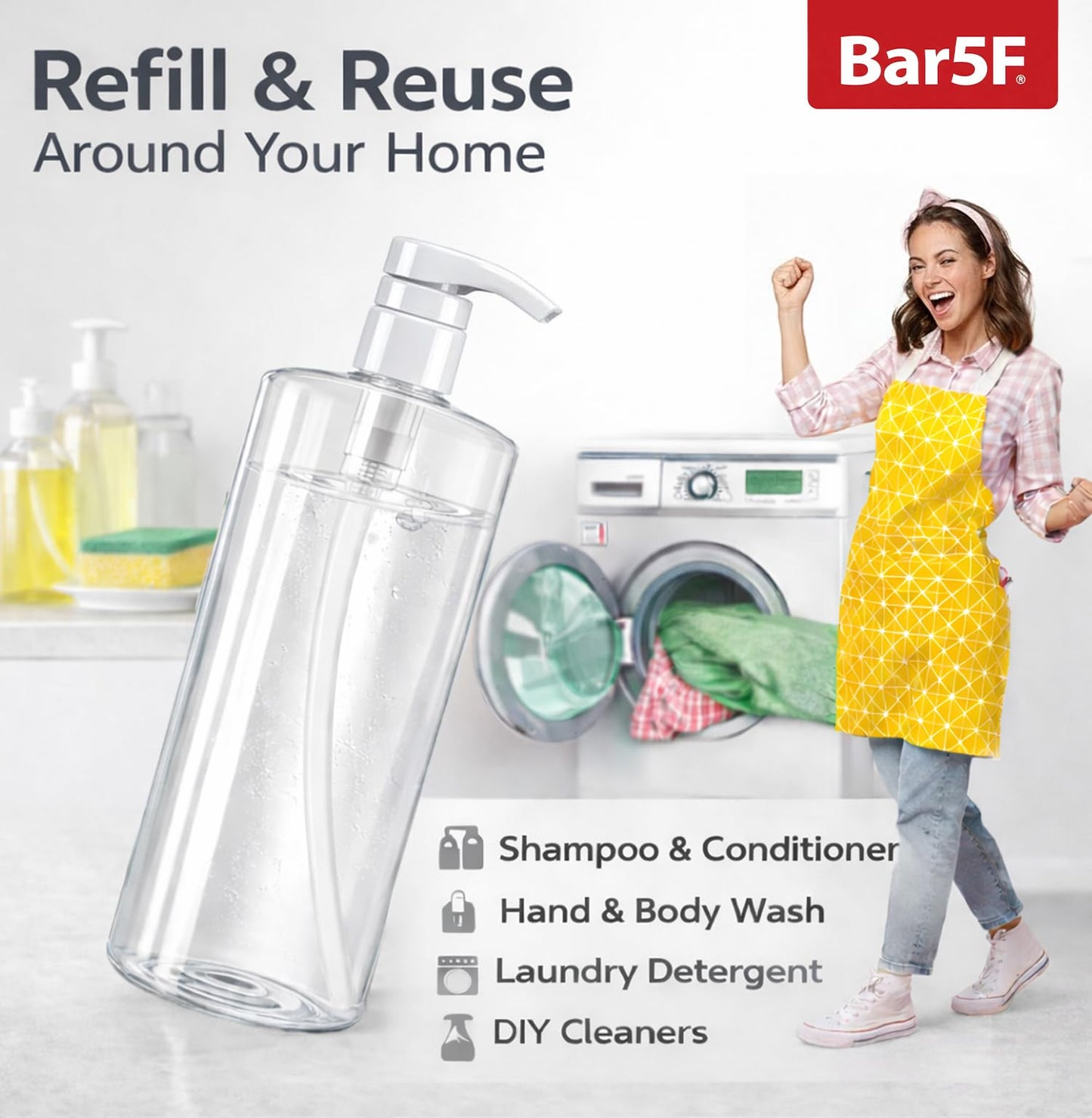 Bar5F Pump Bottle (2-Pack 32-Ounce 1-Liter) Empty for Shampoo Conditioner Body Wash Lotion BPA-Free Crystal-Clear
