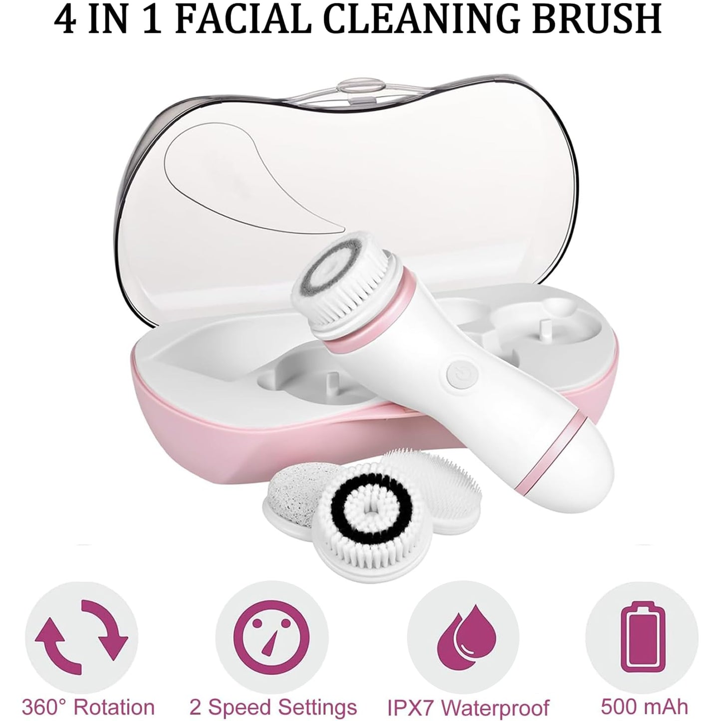 Facial Cleansing Brush, 4 in 1 Electric Face Scrubber with Travel Case and 4 Brush Heads, Waterproof Facial Cleansing Spin Brush for Gentle Exfoliation and Deep Cleaning (Pink)