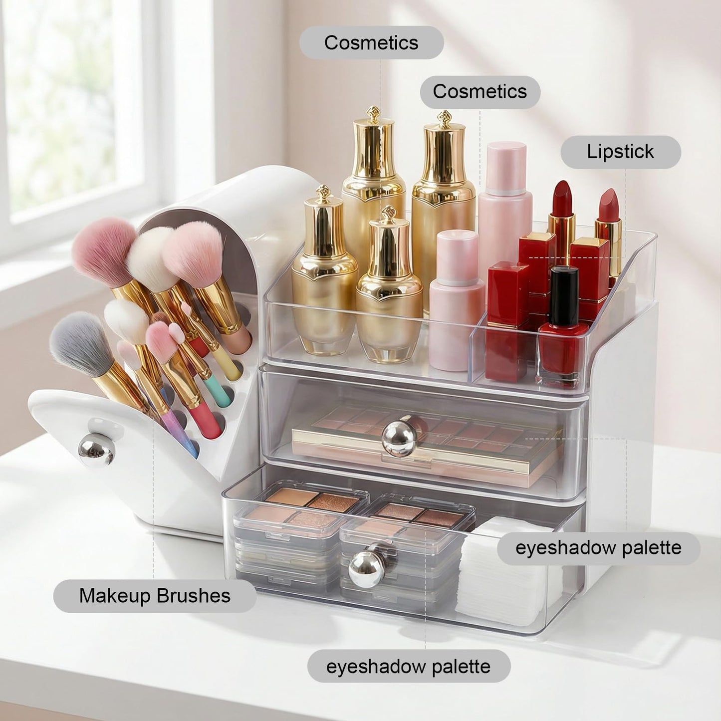 Makeup Organizer with Makeup Brush Holder, Vanity Organizer Large Cosmetic Display Cases, Skincare Organizers and Bathroom Countertop Organizer, Gifts for Women (White)