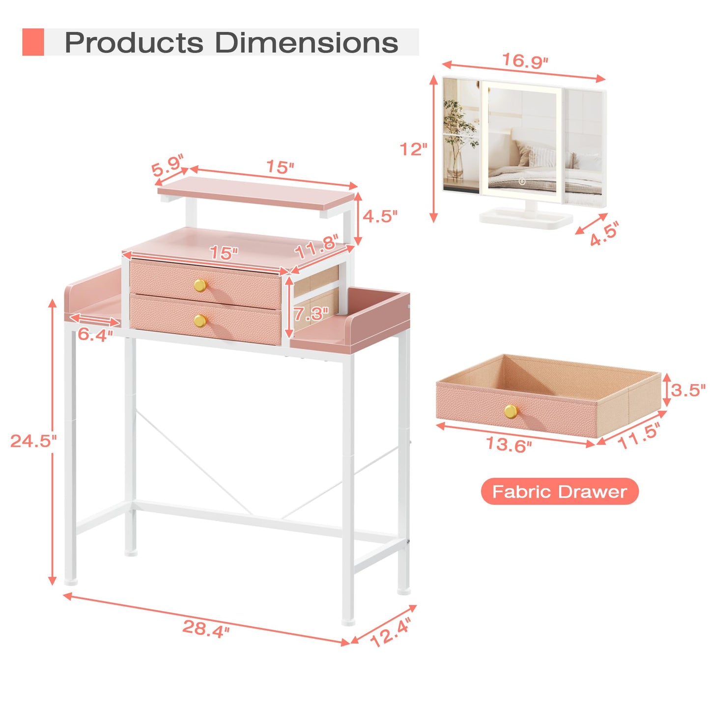 HIGDBFE Vanity Desk with Mirror and Lights 28.4''W Small Makeup Vanity