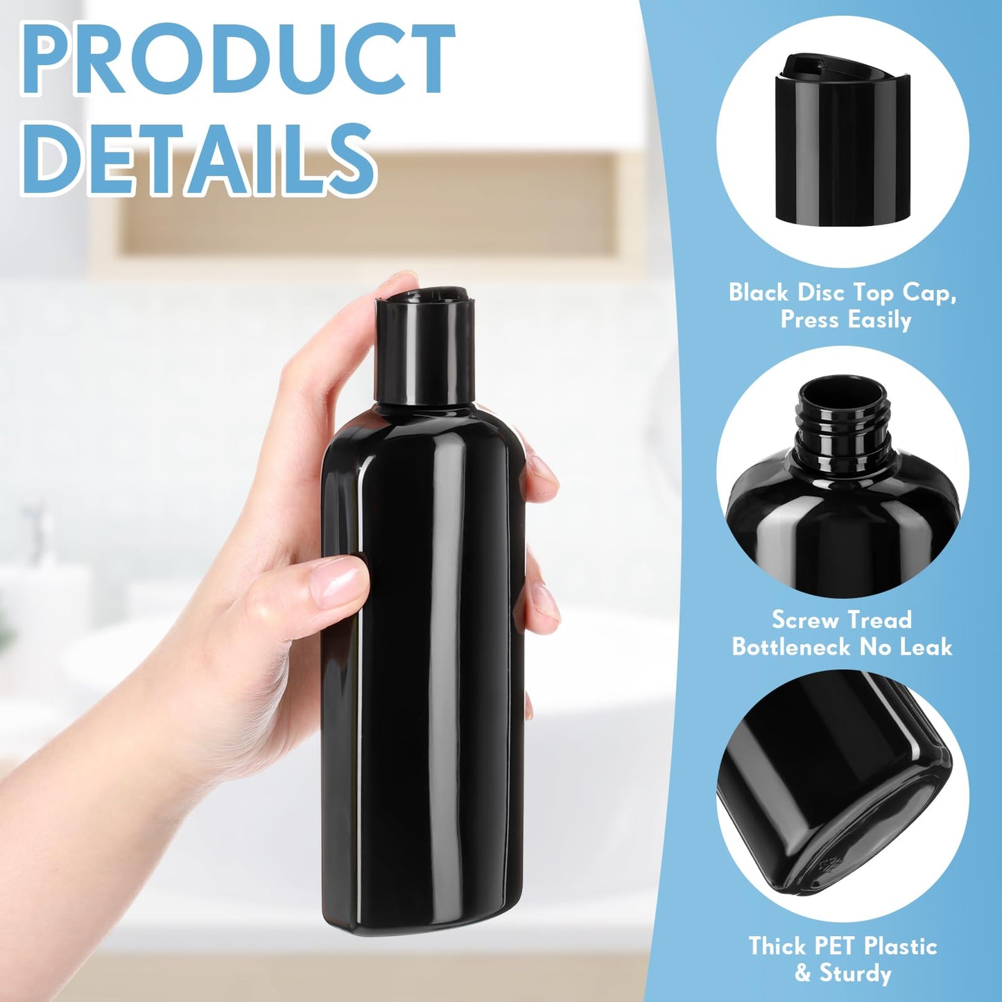 Domensi 24 Pcs Plastic Bottle Squeeze Containers with Disc Cap Travel Bottles Reusable Empty Toiletries Shampoo Containers Refillable Travel bottles for Shampoo Lotions (6.8oz,Pure Black)