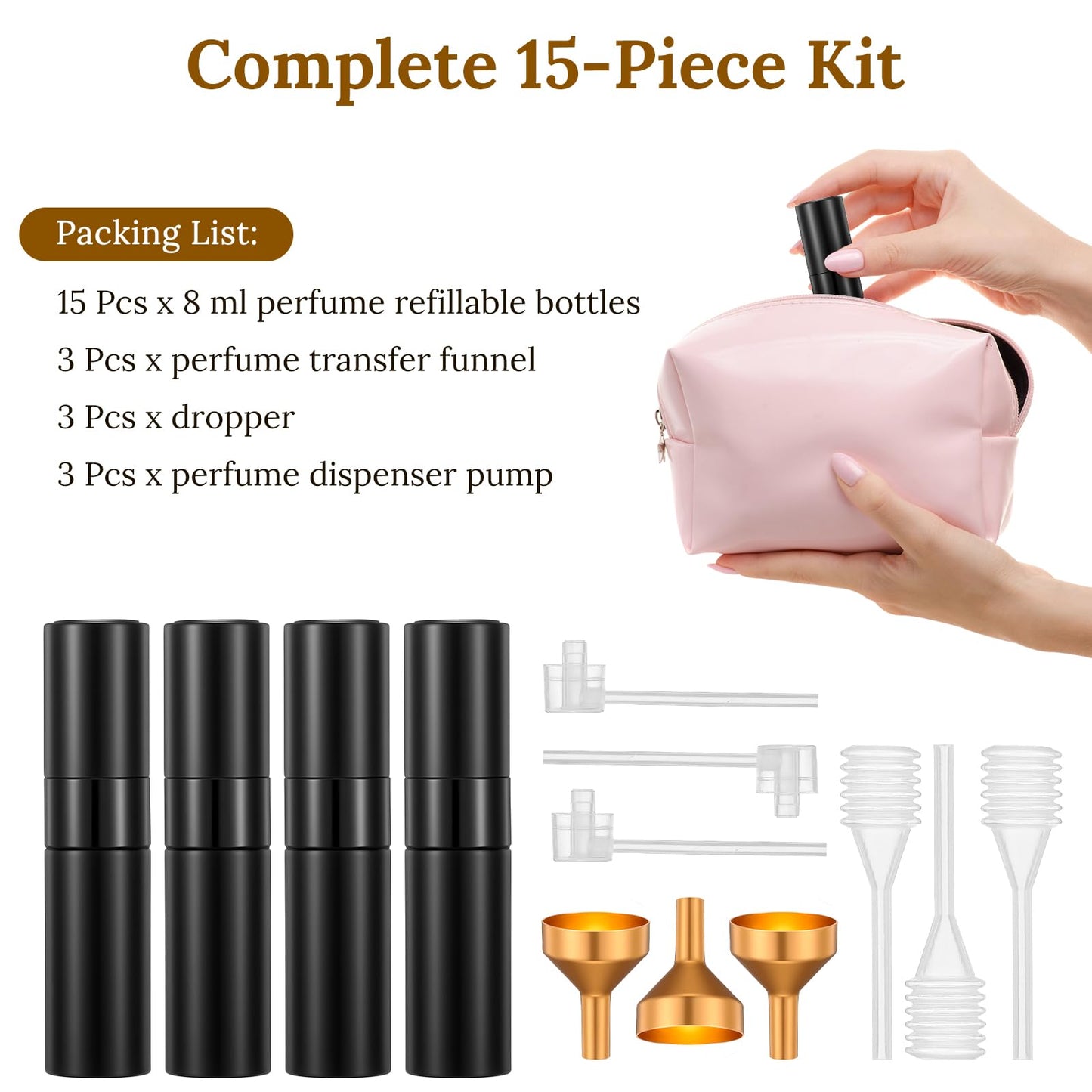 xozeooeu 15 Pack 8ML Travel Perfume Atomizer Refillable Bottles, Black Leak-Proof Cologne Sprayer with Funnels & Tools, Portable Perfume Dispenser for Women & Men